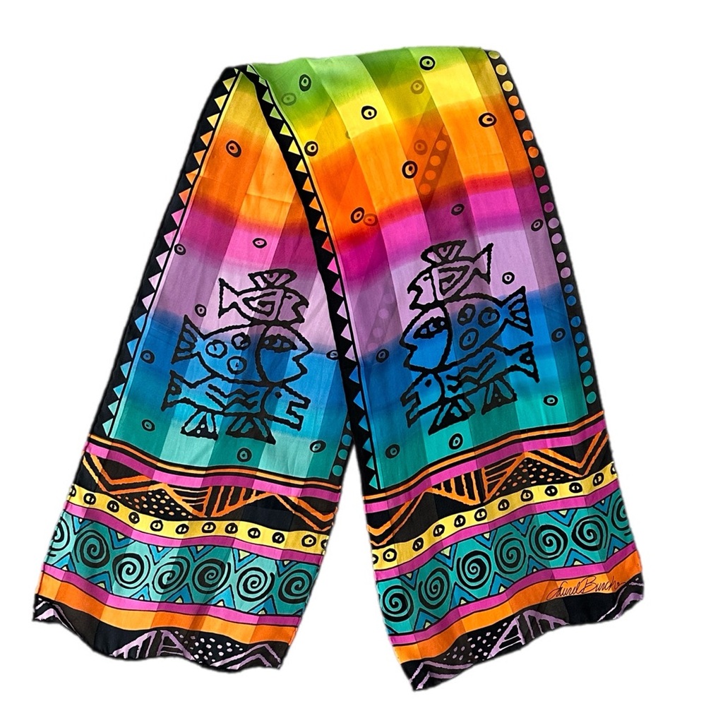 Laurel Burch colorful Fish & geo pattern rectangle Scarf-silk? rainbow colors